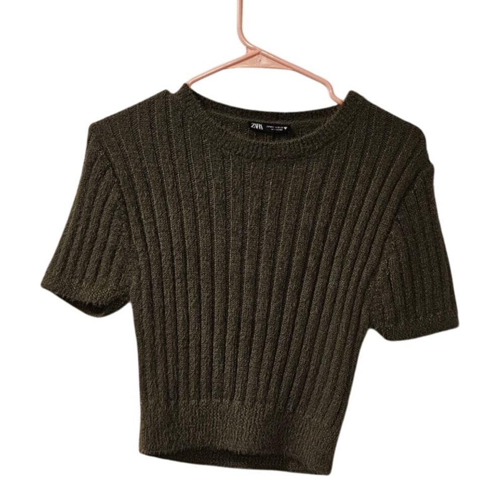 Zara Olive Ribbed Short-Sleeve Sweater